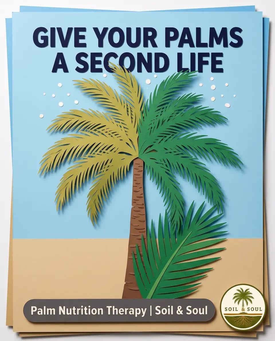 Soil and Soul palm nutrition therapy concept, showing a paper-cut palm tree and the headline Give your palms a second life